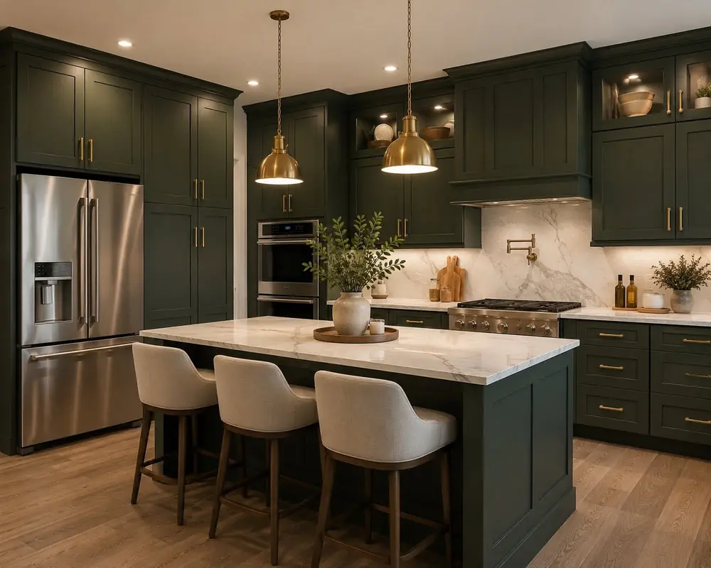Deep green painted shaker cabinetry with brass hardware and a marble island