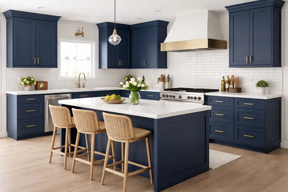 Navy shaker kitchen with white quartz island and subway tile backsplash