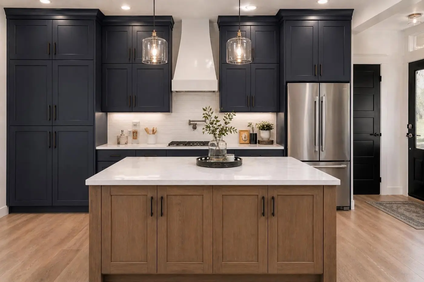 Navy paint-grade kitchen with a stained wood island
