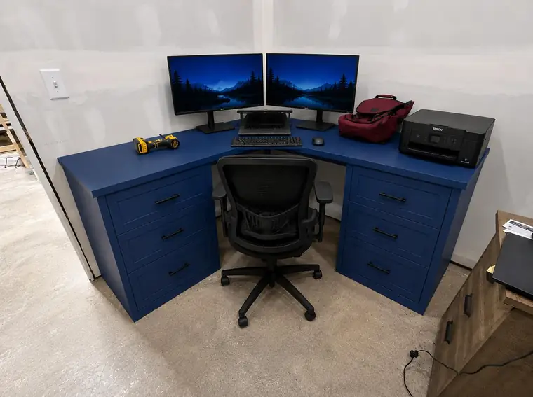 Navy blue corner built-in office desk with drawer towers