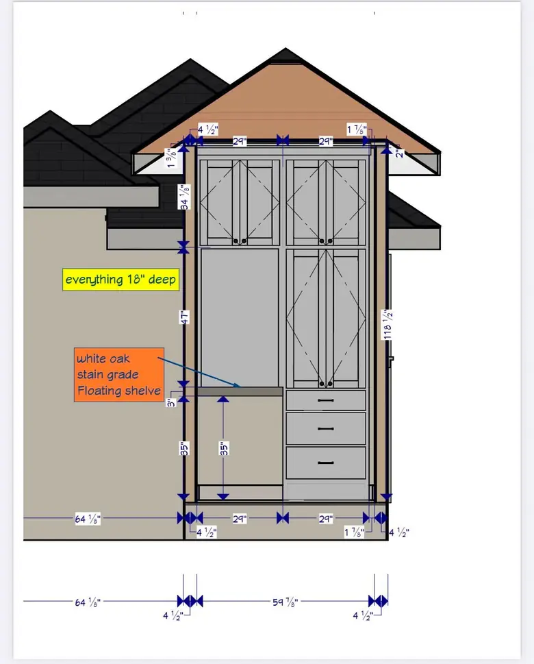 Dimensioned shop drawing of a built-in cabinet, noting 18 inch depth and a white oak stain-grade floating shelf